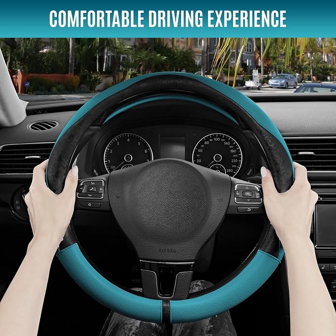Steering Wheel Cover, Black Patterned & Blue Leather Patchwork Design, Universal Fit 14.5"–15.5", Anti-Slip, Odor-Free, Soft PU Grain Leather, Durable Grip Car Accessory for Girls & Women