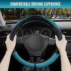 Steering Wheel Cover, Black Patterned & Blue Leather Patchwork Design, Universal Fit 14.5"–15.5", Anti-Slip, Odor-Free, Soft PU Grain Leather, Durable Grip Car Accessory for Girls & Women