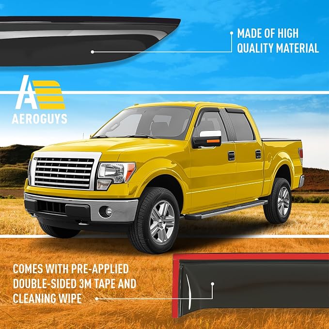 Extra Durable Window Deflectors Tape-On Window Visors Rain Guards Fit for Ford F150 2009-2014 SuperCrew, Sun Visors, Wind Vent for Shades, Exterior Car Accessories - 4pcs. AG0043