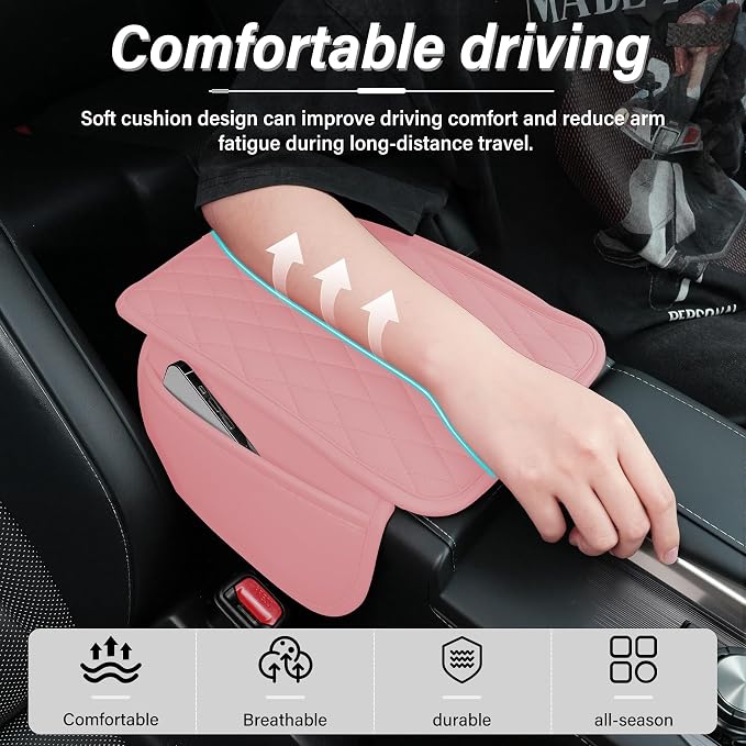 Car Center Console Cover, Upgraded Leather Car Armrest Cushion with 2 Storage Pockets, Universal Waterproof Cushion Pad, Non-Slip Car Interior Accessories, Fits Most Sedans SUVs Trucks (Pink)