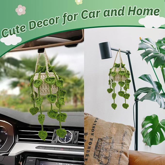 Crochet Hanging Plant for Car,Car Decorations Interior,Plant Aesthetic Car Accessories for Women Interior Cute,Car Ornaments Charms for Rear View Mirror,Boho Car Decoration Gifts