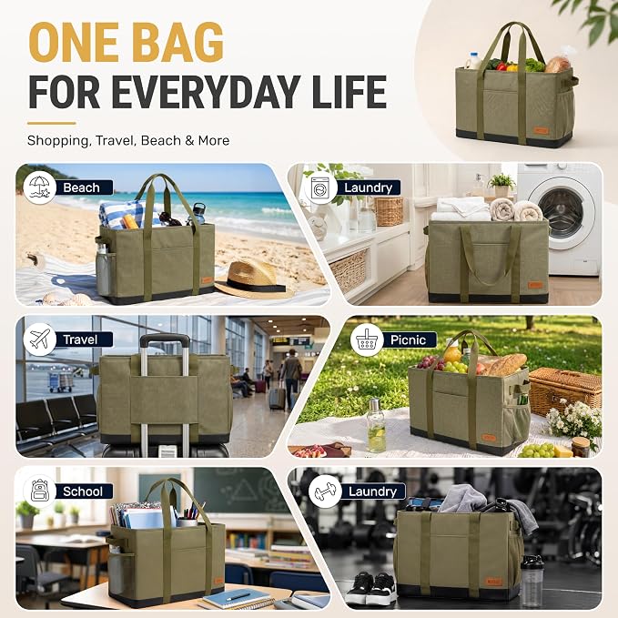 Extra Large Utility Tote Bag - Standing Reusable Grocery Bag with Handle, Collapsible Storage for Shopping, Beach