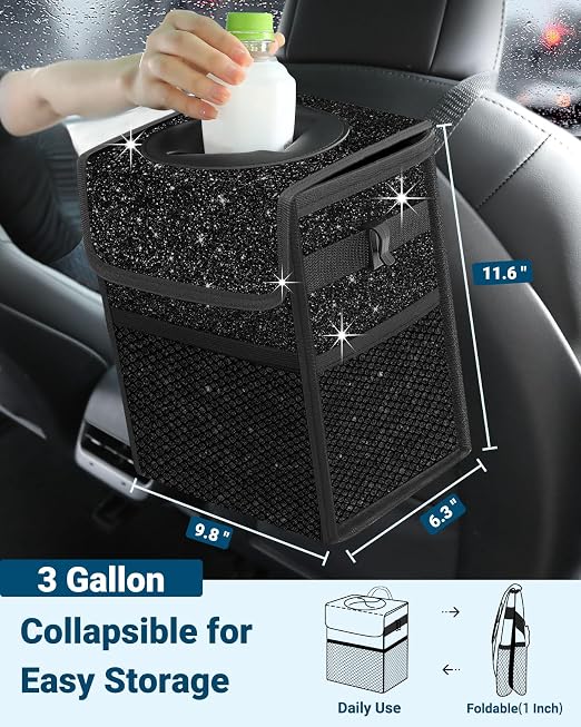 Car Trash Can with Lid, Leakproof Car Trash Bag Hanging Waterproof Automotive Garbage Can with Storage Pockets Mini Vehicle Trash Bin for Back/Front Seat(Sparkly Black,3 Gallon)