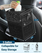Car Trash Can with Lid, Leakproof Car Trash Bag Hanging Waterproof Automotive Garbage Can with Storage Pockets Mini Vehicle Trash Bin for Back/Front Seat(Sparkly Black,3 Gallon)