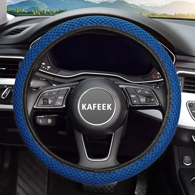Elastic Stretch Steering Wheel Cover 15 Inch, Breathable Ice Silk Microfiber, Non-Slip Grip, Warm in Winter and Cool in Summer, Odorless, Car Accessories Fit Cars, SUVs, Light Blue