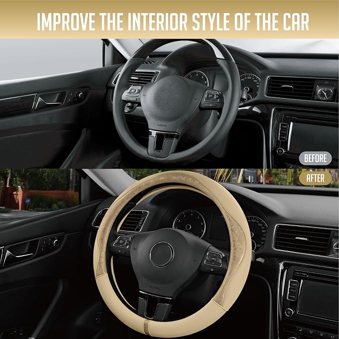 Steering Wheel Cover, Gold Patterned Leather Patchwork Design, Universal Fit 14.5"–15.5", Anti-Slip, Odor-Free, Soft PU Grain Leather, Durable Grip Car Accessory for Girls & Women