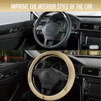 Steering Wheel Cover, Gold Patterned Leather Patchwork Design, Universal Fit 14.5"–15.5", Anti-Slip, Odor-Free, Soft PU Grain Leather, Durable Grip Car Accessory for Girls & Women