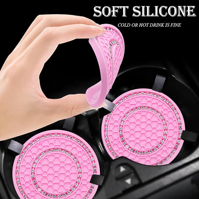 2PCS Bling Crystal Rhinestone Cup Holder Coaster, 2.75 inch Soft Silicone Anti-Slip Shockproof, Car Cup Holder Insert Coasters, Universal Car Interior Accessories for Women (Pink & White)