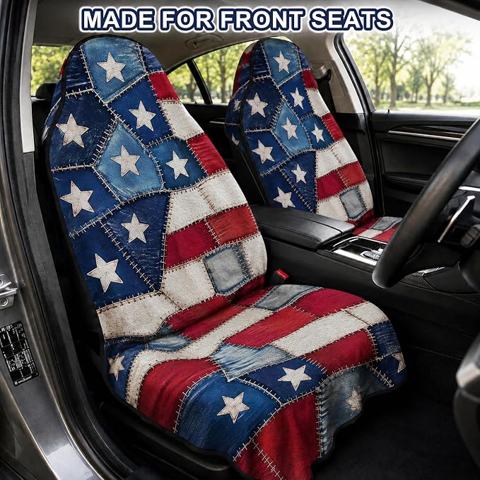 Car Seat Towel Cover 2 Pack for Front Seats, Sweat Absorbent Car Seat Protector with Non-Slip Backing, Waterproof Towel Car Seat Covers for Runners, Gym, Swimming, Beach, Patchwork Flag