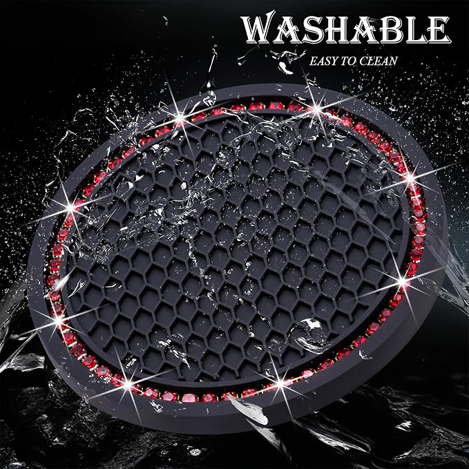 4PCS Bling Cup Holder Coaster, 2.75 Inch Auto Car Cup Holder Insert Coasters, Soft Silicone Anti-Slip Shockproof, Universal Vehicle Interior Accessories for Women Girls (Black & Red)