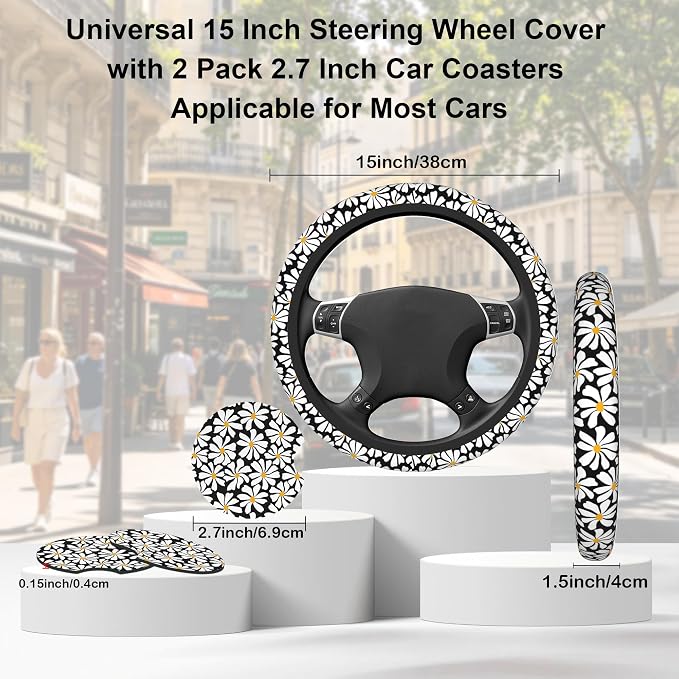 Daisy Steering Wheel Cover for Women Girly,White Daisy Flower 15 Inch Non-Slip Breathable Neoprene Steering Wheel Cover Fit Auto,SUVs,Includes 2 PCS Cup Coasters