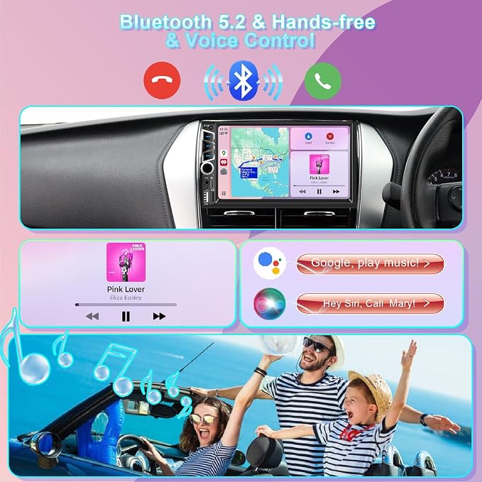 Wireless Apple Carplay 7 inch Double Din Car Stereo,IPS Touchscreen,Bluetooth 5.2,FM Car Radio,Bakcup Camera,Subwoofer Ports, Audio Receiver,Android Auto,Type-C/USB Fast Charging,GPS Navigation