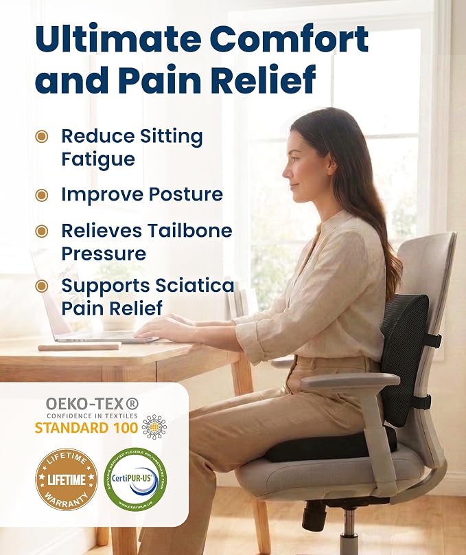 Doctor Recommended Memory Foam Seat Cushion for Office Chairs & Car - Ergonomic Office Desk Accessories - Cushions for Tailbone Pain Relief, Sciatica (Black Airflow Lumbar, Large)
