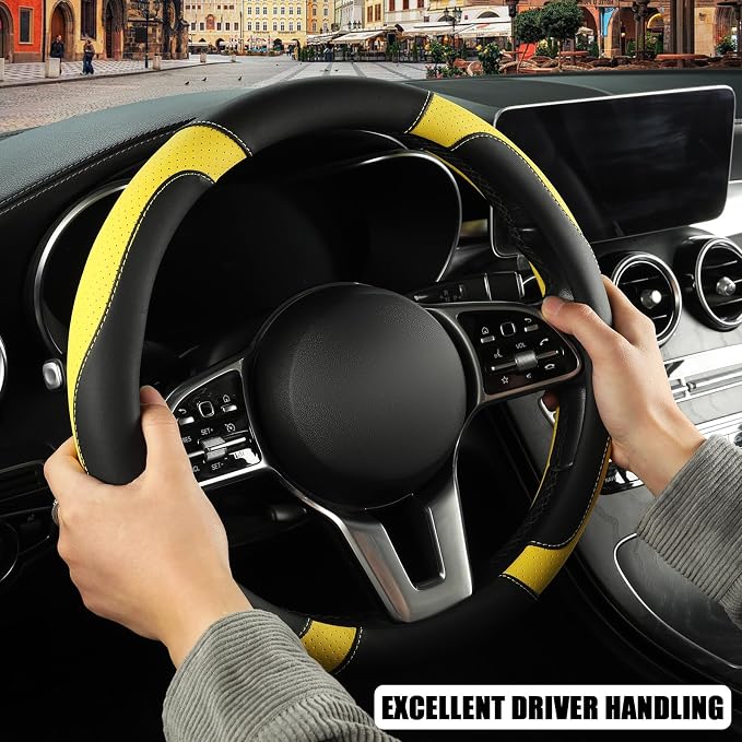 Black Yellow Microfiber Leather D Shaped Steering Wheel Cover | Breathable Anti Slip Grip Cool Sporty Look Glow for Women Men