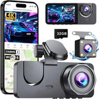 Dash Cam Front and Rear Inside, 4K Full HD 3 Channel Dash Camera for Cars, Free 32GB Card, Dashcam with 24H Parking Mode, Night Vision, G-Sensor, 170°Wide Angle, Loop Recording