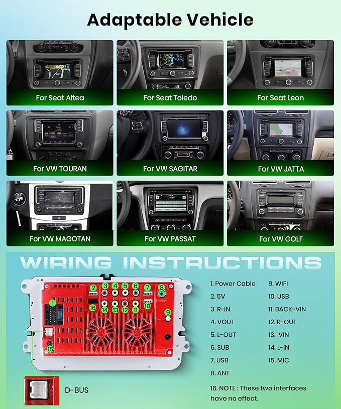 Double Din Car Stereo Wireless Carplay Android Auto for VW Passat Golf MK5 MK6 Jetta T5 EOS Seat Sharan, 7'' Car Radio IPS Screen GPS Bluetooth FM/AM/RDS EQ SWC Backup Camera Dual USB Ports