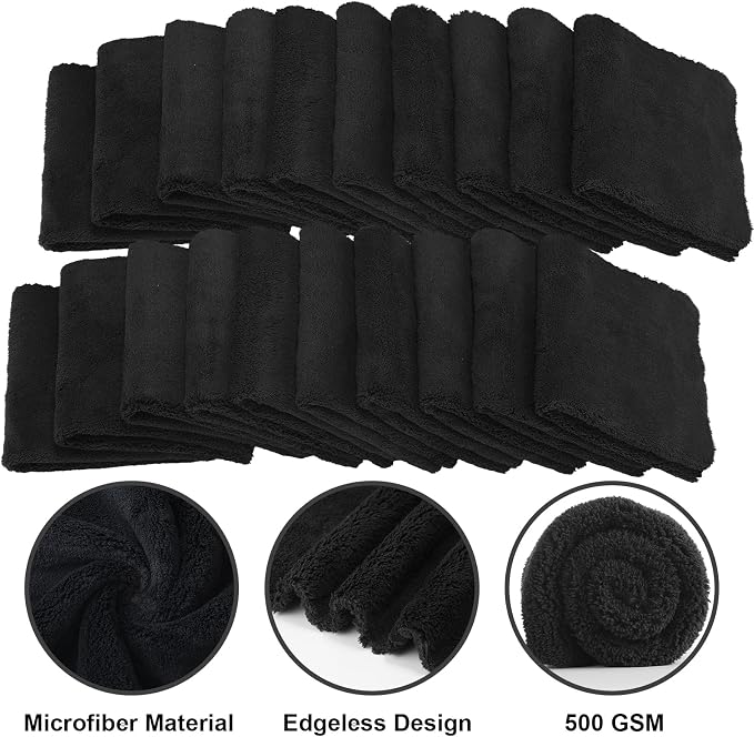 30 Pcs 12.5 x 12.5 Inch Edgeless Microfiber Plush Towels for Cars Detailing Drying Wash Polishing Absorbent Cleaning Cloths, 500 GSM (Black)