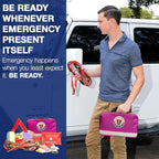 Roadside Assistance Emergency Car Kit - First Aid Kit, Jumper Cables, Tow Strap, led Flash Light, Rain Coat, Tire Pressure Gauge, Safety Vest and More Ideal Winter Accessory for Your Car (Pink)