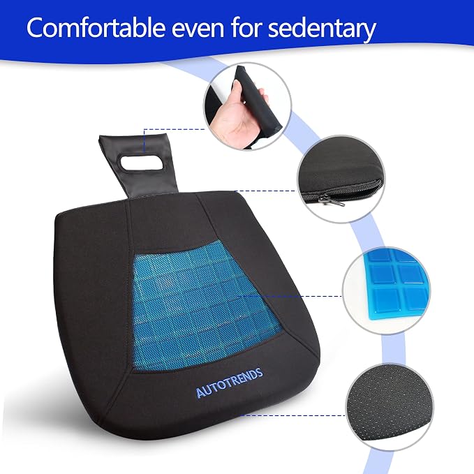 AUTOTRENDS Gel Seat Cushion Cooling Coccyx Orthopedic Breathable Car Seat Cushion Anti Slip Backing Mat, Black