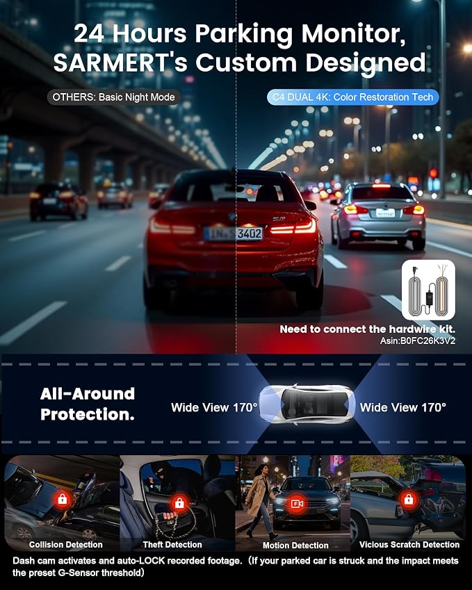 Dash Cam Front and Rear - C4 Dual 4K Built-in GPS and 5G WiFi, Free 128GB Card Included, HDR Night Vision, WDR, 4K UHD Dash Camera for Cars, App, 24H Parking Mode
