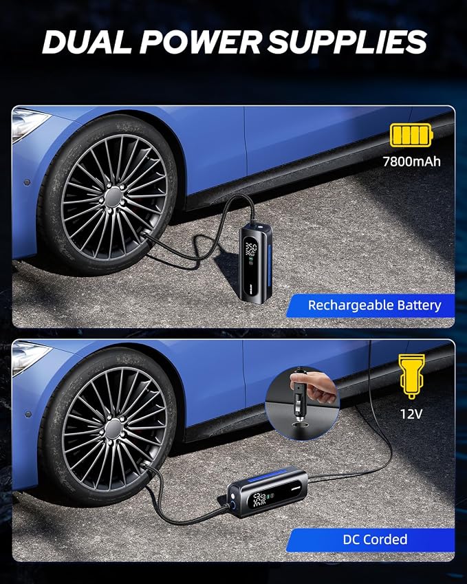 Tire Inflator Portable Air Compressor - 4X Faster 150PSI Cordless Air Pump with Digital Tire Pressure Gauge, 12V Car Power Adapter - for Car Motorcycle Bike Ball and More