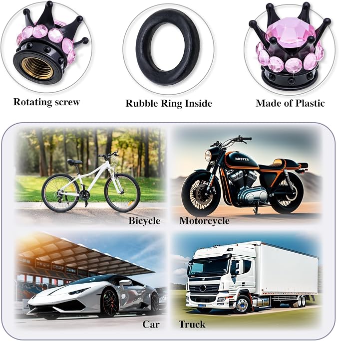 4PCS Crown Bling Tire Stem Valve Caps, Crystal Diamond Car Wheel Tire Valve Caps Universal Copper Core Stem Covers for Cars, SUV, Trucks, Bikes, Motorcycles, Bicycles (Black & Pink)