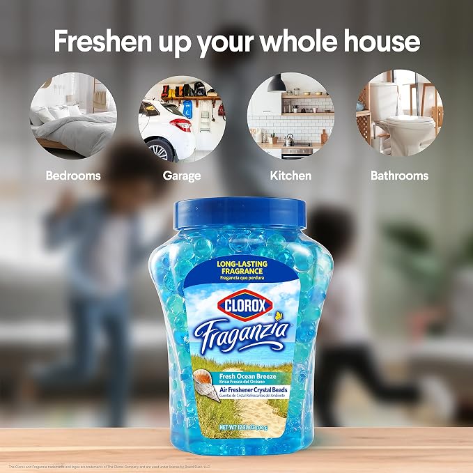 Fraganzia Crystal Beads Air Freshener, Long Lasting Room Deodorizer and Odor Eliminator Gel Beads to Freshen Home, Car, or Office, Fresh Ocean Breeze Scent, 12 Fl Oz