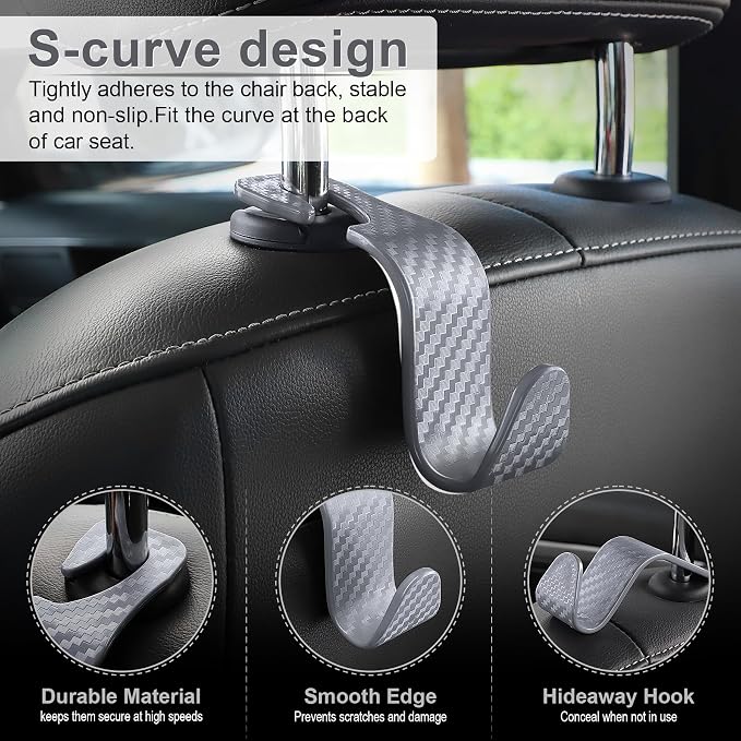 Car Purse Hook, 4 Pack Universal Auto Seat Headrest Hook Hangers Organizer for Coats, Umbrellas, Groceries - Carbon Fiber Gray