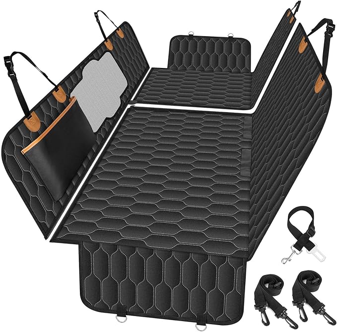 Waterproof Dog Car Seat Cover for Back Seat, Pet Hammock- S, Black/Orange | Durable waterproof hammock with nonslip design & storage pockets. Protects seats from scratches, fits cars, SUVs & trucks.