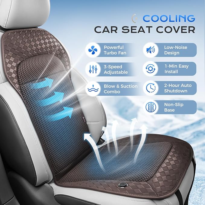 Coverado Summer Ventilated Car Seat Cushion, 12V-24V Dual Blowing & Suction Cooling Pad with 8 Turbo Fans, 3-Speed Adjustable Universal Fit for Car, SUV, Truck & Van - Brown