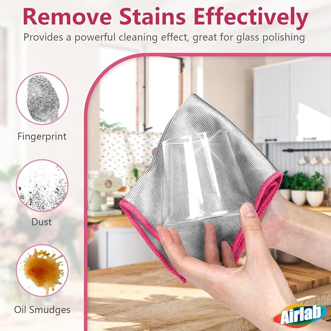 Airlab Glass Polishing Cloth Streak Free Miracle Cleaning Cloth Lint Free Microfiber Cleaning Rags for Glasses Kitchen Dish Mirrors Easy Clean, Pack of 6, 12" x 12", Sliver-Pink
