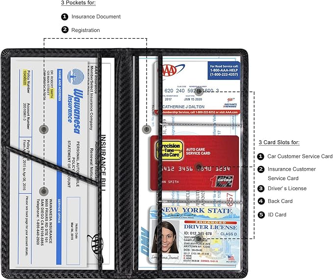 Car Registration and Insurance Card Holder, Vehicle License Document Glove Box Compartment Organizer, Interior Car Accessories for Women Men (Carbon Fiber Black)