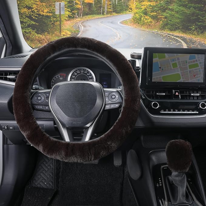 Furry Car Steering Wheel Cover with Gear Shift Cover, Soft and Warm, Cute Fluffy Auto Decor for Women Men, Standard Size, 2 PCS Set, Coffee Brown