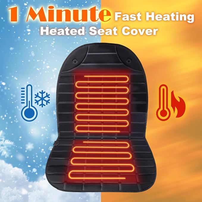 Heated Seat Cover,1 Minute Fast Heating,2 Heat Settings,UL Listed Heated Seat Warmer Cushion Black, Long Straps Design.