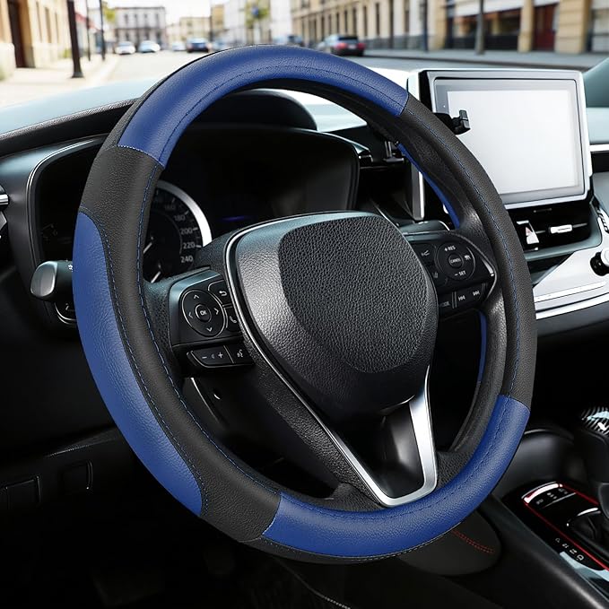 Car Steering Wheel Cover for Prius Civic Model 3 Model Y Camaro, Small Size 14-14.25 inch, Black and Blue Microfiber Leather