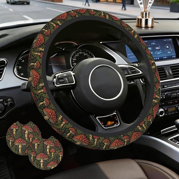 Vintage Mushroom Steering Wheel Cover with 2 Car Coasters,Berry with Leaves Anti-Slip Steering Wheel Cover,Elastic Breathable Car Interior Accessories,Universal 14.5"-15" Fit Auto,SUVs