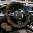 Vintage Mushroom Steering Wheel Cover with 2 Car Coasters,Berry with Leaves Anti-Slip Steering Wheel Cover,Elastic Breathable Car Interior Accessories,Universal 14.5"-15" Fit Auto,SUVs