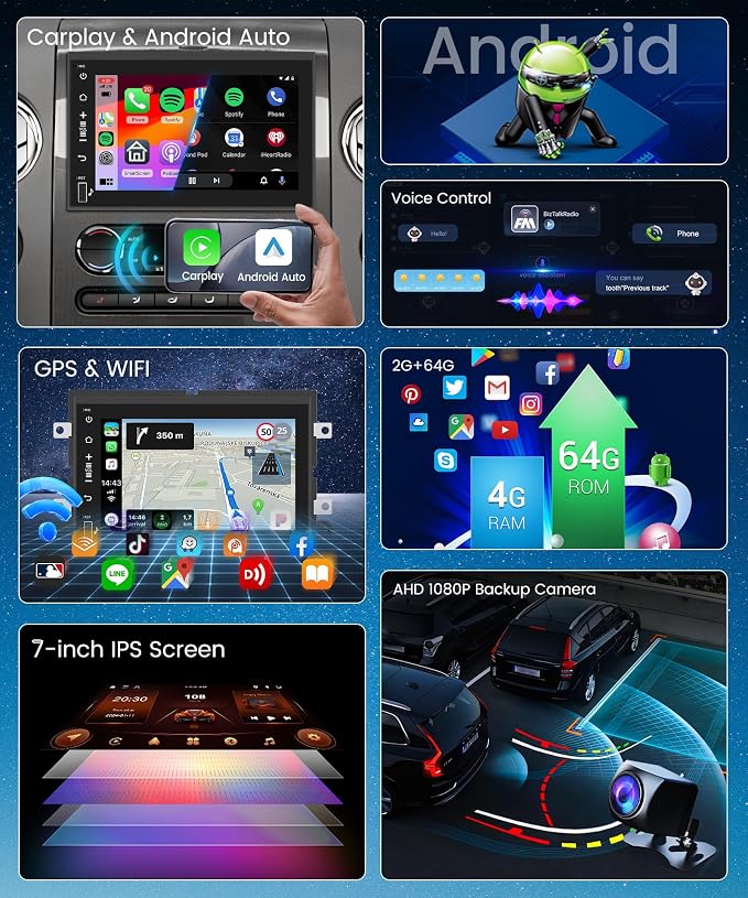 8Core 4G 64G Android 13 7'' Car Stereo for Ford F150 F250 F350 Fusion Edge Explorer Taurus Radio with Wireless Carplay Android Auto DSP 5.0Bluetooth,IPS Touchscreen GPS WiFi FM/RDS Backup Camera