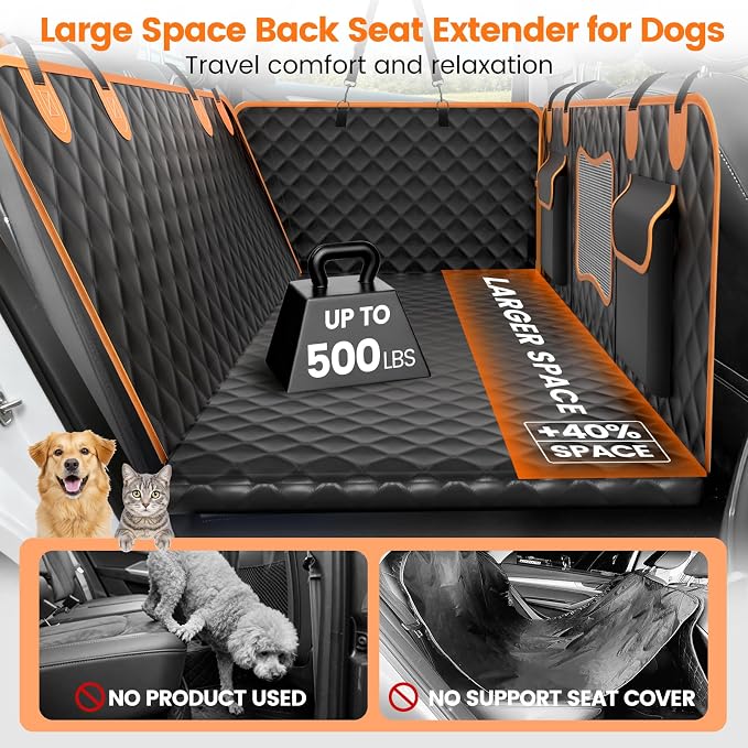 Dog Seat Cover for Back Seat, Hard Bottom Car Seat Cover for Dogs | Back Seat Extender Holds 500 lbs, Waterproof Back Seat Pet Cover for Dogs, Dog Hammock Travel Accessories for Car,SUV,Truck