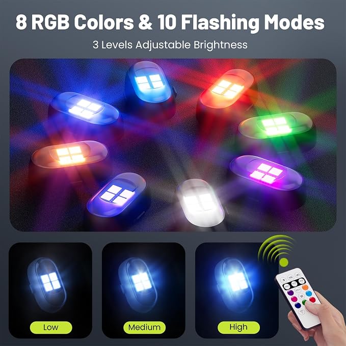 Wireless LED Lights for Car 4PCS, Interior Car Lights with Remote, USB-C Charging Strobe Lights, 80H Battery 8 RGB Colors IP65 Waterproof Ambient Lighting Car Accessories for Trucks Motorcycles Bike