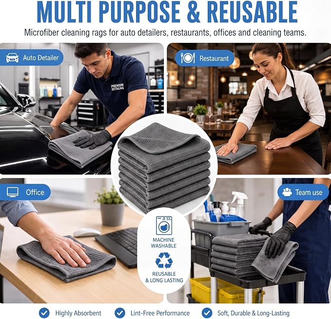30 Pcs Premium Waffle Weave Cleaning Cloths 12"x12" Reusable Absorbent Towels, Lint Free Streak Free Rags for Car, Kitchen, Glass, Window