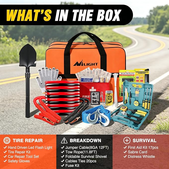 Car Emergency Kit with Jumper Cable, First Aid Kit Safety Assistance Tools for Travel Camping Outdoor Cars Truck SUV RV, Roadside Essentials with Flash Light