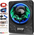 1600W Car Subwoofer, 10" Ultra-Thin Powered Under-Seat Subs with Built-in Amplifier, (LPF/Gain/Bass Boost) LED Ambient Lights, Independent Bass Knob, Distortion-Free Deep Bass for Most Vehicles
