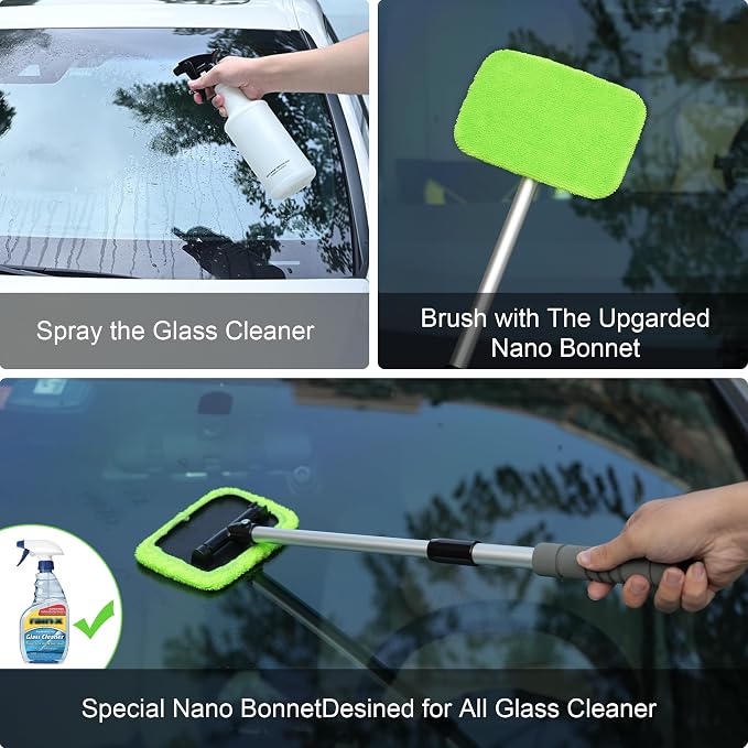 XINDELL Windshield Cleaner Tool – Car Window Cleaning Tool 27inch Extendable Long Handle for Easy Cleaning, 9pcs Reusable Microfiber Pads, Streak-Free Interior & Exterior Auto Glass Cleaner (Green)
