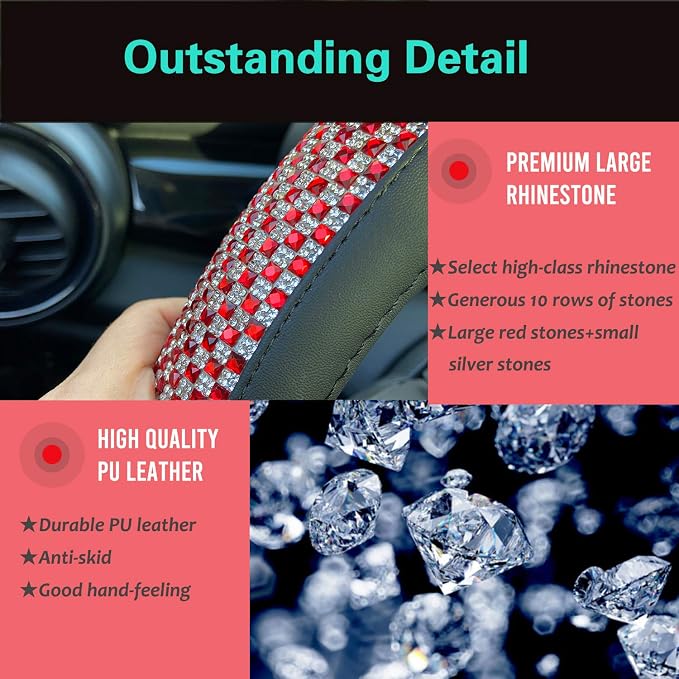 D Shaped Bling Comfy Steering Wheel Cover with Jumbo Crystal Rhinestones, Anti-Slip Diamond Leather, Flat Bottom 14.5-15 Inch (Red)