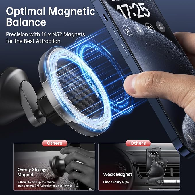 MagSafe Car Mount - Flexible Rotation Magnetic Phone Holder for Dash, Strong Magnets, Universal Compatible iPhone, Samsung, Pixel - MagSafe Car Accessories