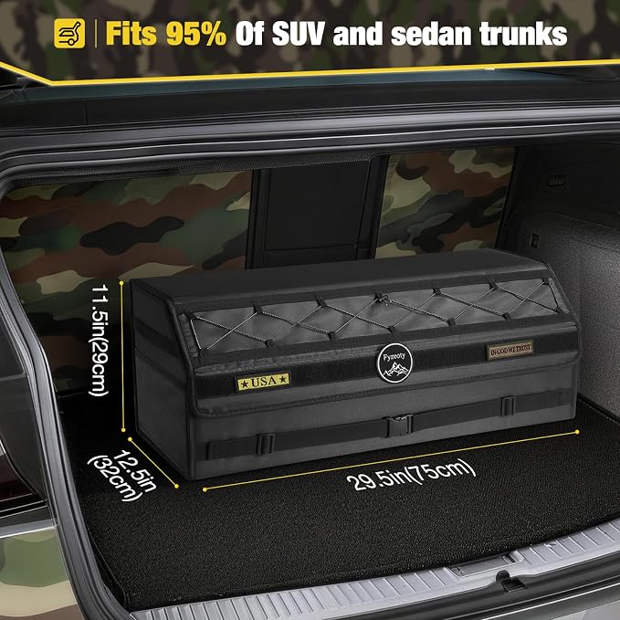 Car Trunk Organizer for SUV and Sedan, Tactical‑Black, 29.5 in | Tactical & Aerospace Oxford, Extra‑Large, Hinged Lid, Collapsible & Adjustable, Water‑Resist & Dust‑Proof