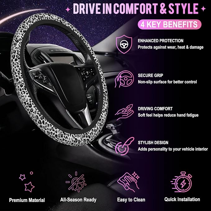 Black and White Leopard Print Steering Wheel Cover for Women Men Neoprene Breathable Wheel Cover Protector Anti-Slip Car Accessories Universal 15 Inch Fit for Cars Trucks Vehicles