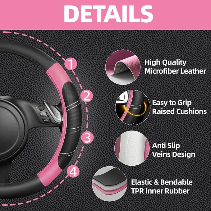 10 Pcs Car Floor Mats Full Set & Sport Leather Steering Wheel Cover 14.5-15 inch, Center Console Cover, Seat Belt Cushion, Cup Holder Coaster, Universal Automobile Interior Sets (Pink)