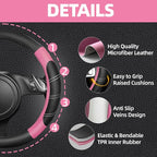 10 Pcs Car Floor Mats Full Set & Sport Leather Steering Wheel Cover 14.5-15 inch, Center Console Cover, Seat Belt Cushion, Cup Holder Coaster, Universal Automobile Interior Sets (Pink)